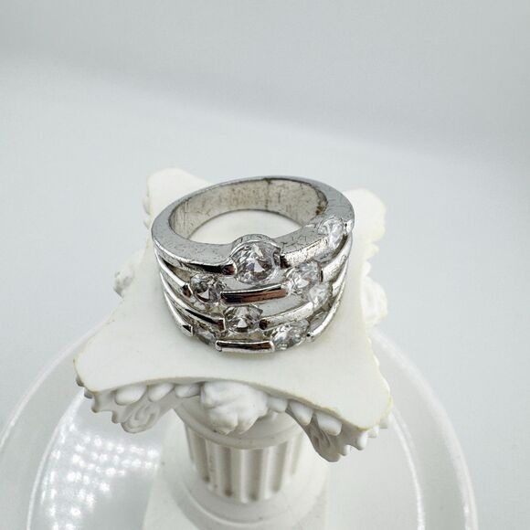 Vintage Silver Tone Multi Row Rhinestone Ring Modernist Statement Cocktail 1980s - Picture 6 of 7